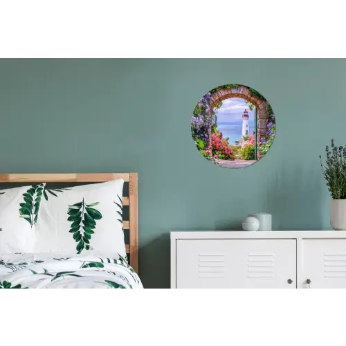 Doorkijk - Vuurtoren - Bloemen - Uitzicht Wandcirkel aluminium klein -slaapkamer