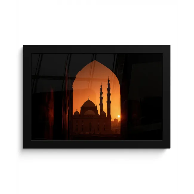 Moskee - Oranje hemel - Donkere boogopening fotolijst zwart zonder passe partout klein -3d