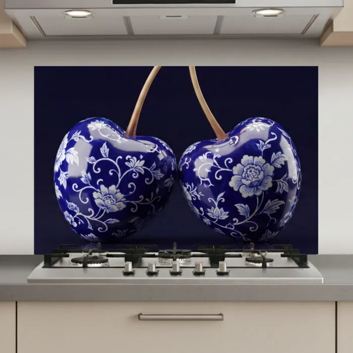 Porselein- Kersen - Delfts - Blauw keuken achterwand spatscherm klein -3d_website