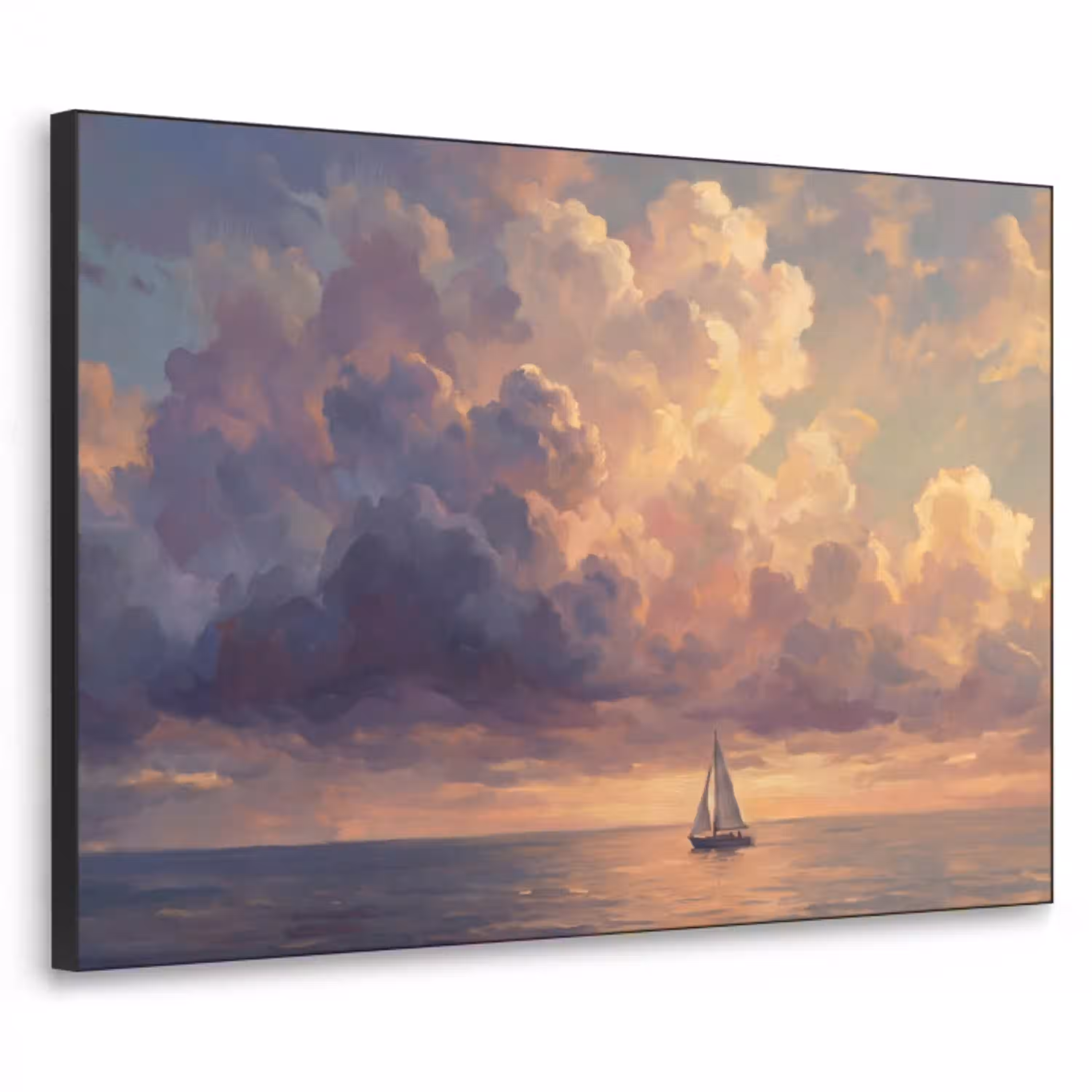 Boot - Zonsondergang - Zee - Natuur - Goud Textielframe zwart klein -3d