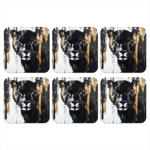 Panter - Zwart - Abstract - Verfstreken onderzetter kurk middel -3d