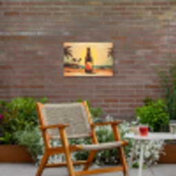 Bierfles - Zonsondergang - Palmbomen - Zee Tuinposter op houten frame 2 cm dik klein -sfeer3