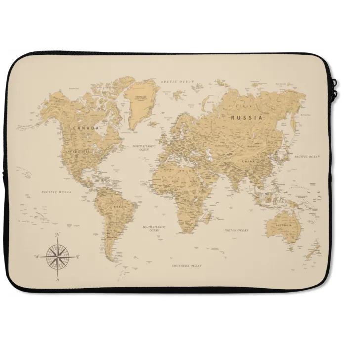 Wereldkaart - Realistisch - Beige laptophoes neopreen klein -zkaufland3dotto