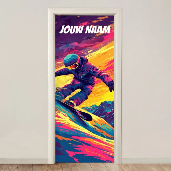 Snowboarder in felle neonkleuren met de tekst “Deze kamer is van: jouw naam”. deurposter klein -3d_beige