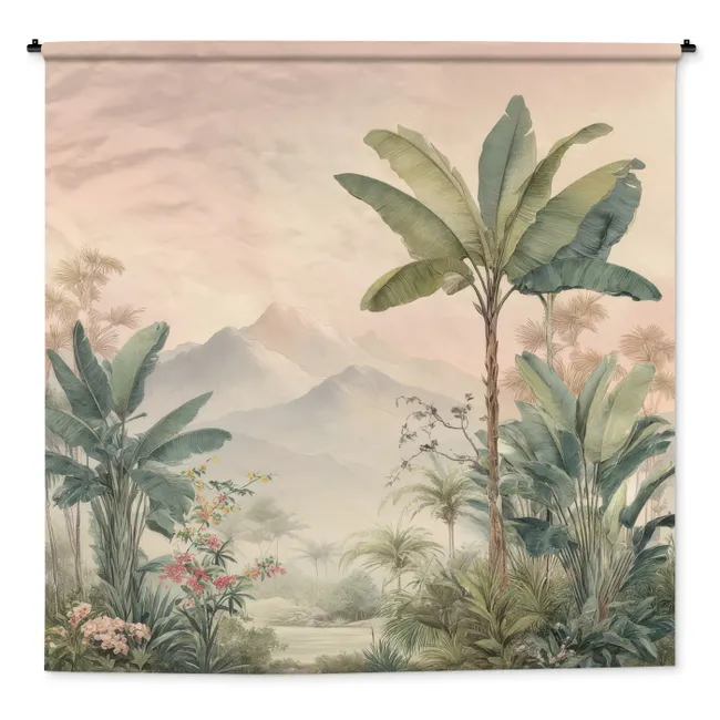 Wandkleed - Tropisch landschap - palmbomen - Bloemen - Roze lucht