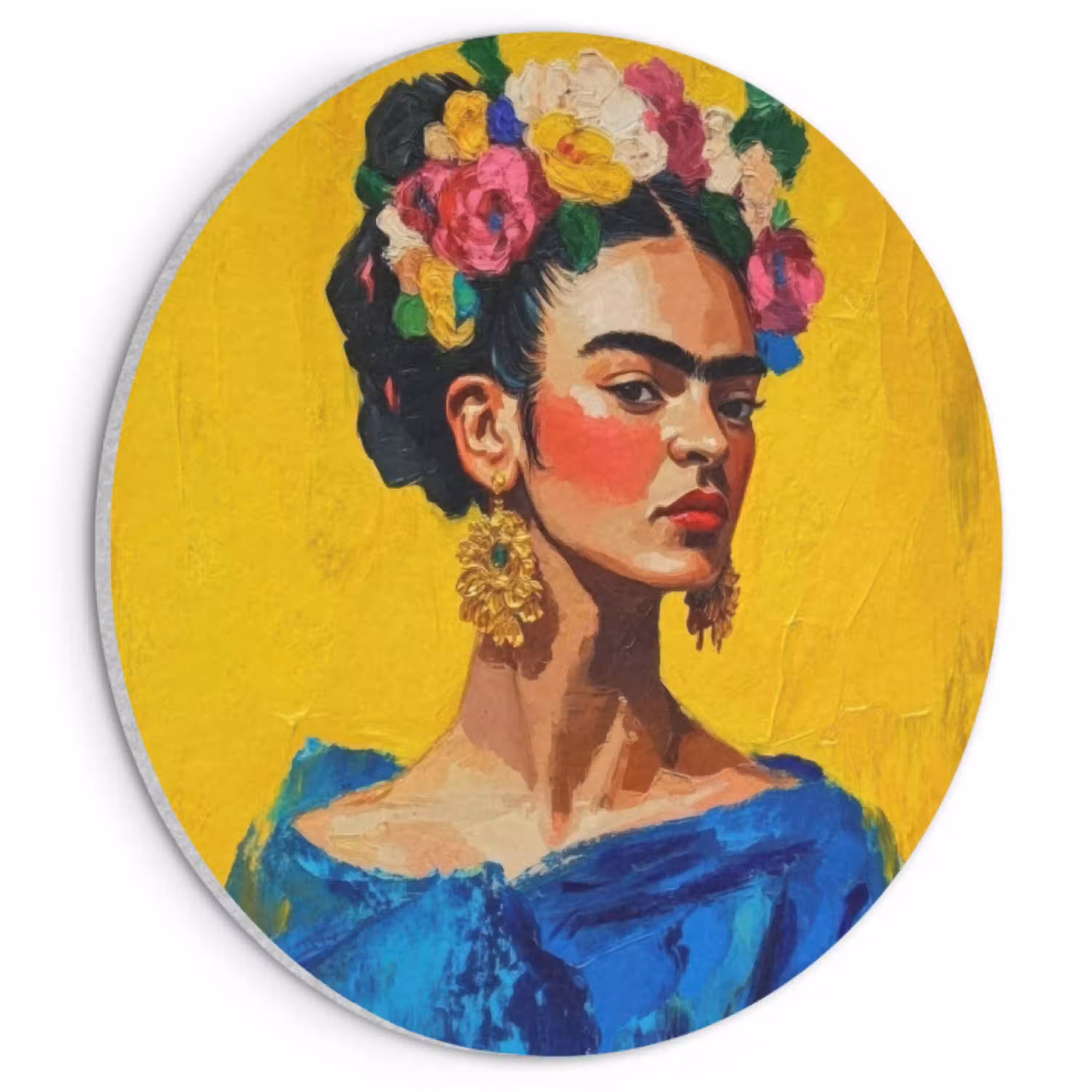 Frida Kahlo - Vrouw - Geel - Blauw - Bloemen Akoestische PET Vilt - Rond klein -3d
