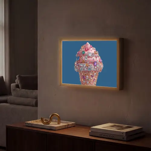 Ijsje - Hoorntje - Steentjes - Blauw Light Box met batterij (Wandlamp) middel -sfeer1