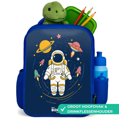 Astronaut - Planeet - Sterren - Raket Kinderrugzak - Blauw middel -inhoud_NL