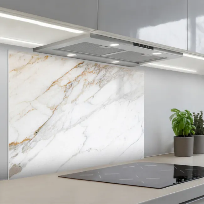 Fond de hotte - Marbre - Pierre - Blanc - Or - Aspect marbre - Pierre - Luxe