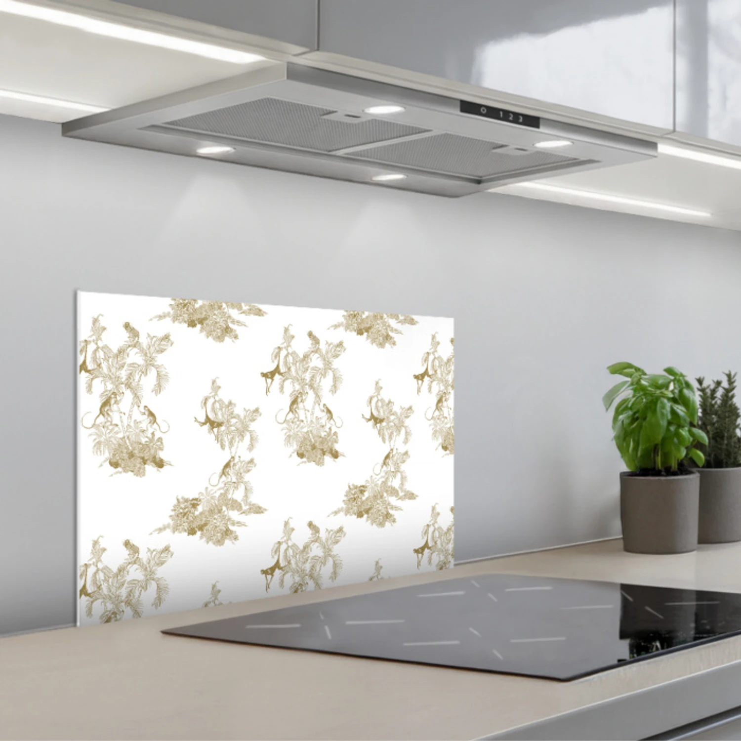 Wit - Apen - Beige keuken achterwand spatscherm klein 900 -3d_schuin