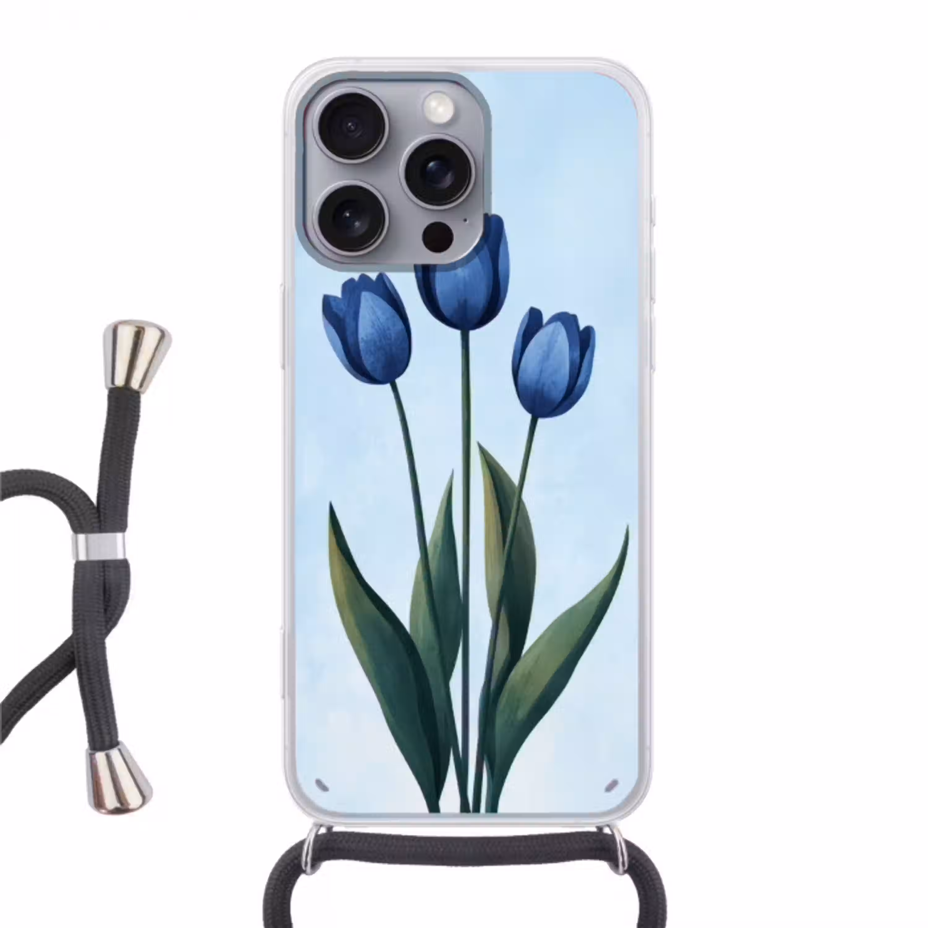 Tulpen - Blauw - Bladeren Hoesje iPhone 16 Pro Max met koord klein -3d