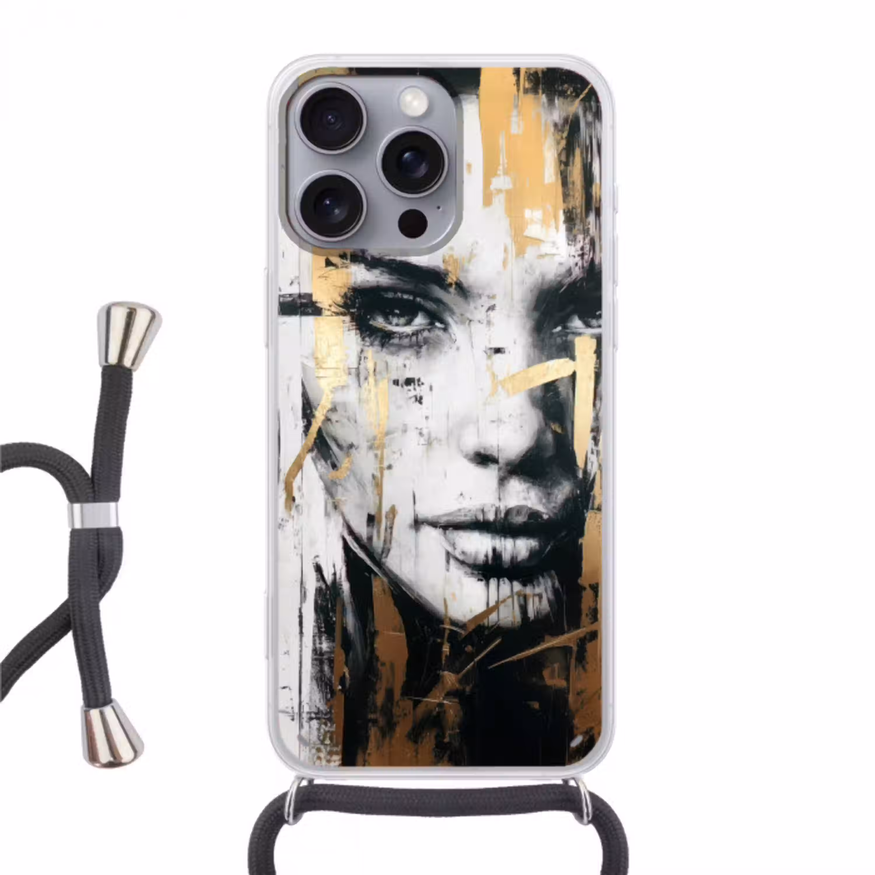 Portret - Vrouw - Penseelstreken - Goud Hoesje iPhone 16 Pro Max met koord klein -3d