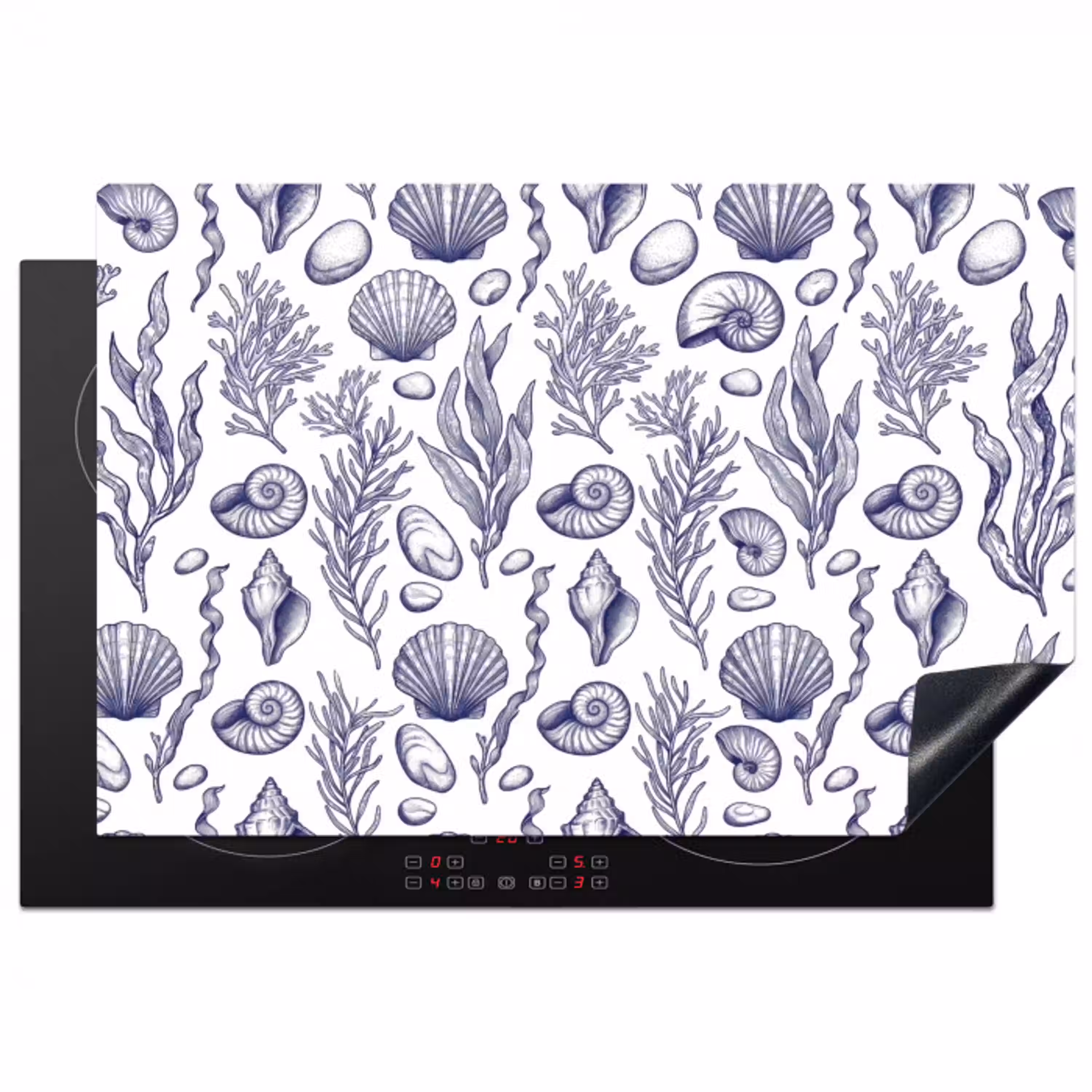 Schelpen - Zeewier - Oceaan - Illustratie - Blauw Inductie beschermer vinyl 3mm klein -3d
