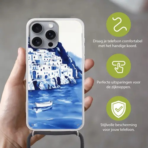 Dorp - Rotswand - Roeiboot - Water Hoesje iPhone 16 Pro Max met koord klein -sfeer2_NL
