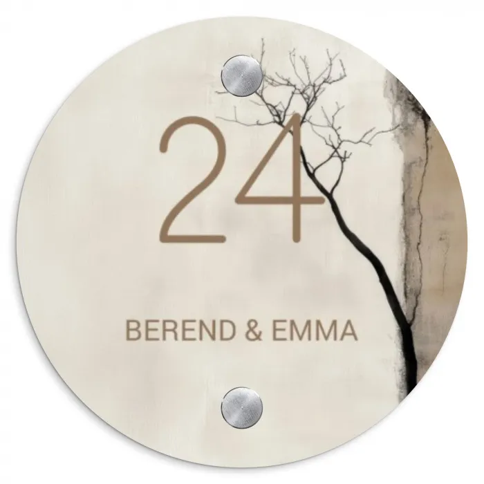 Boomsilhouet beige achtergrond - Klassiek Naambord Rond klein -3d