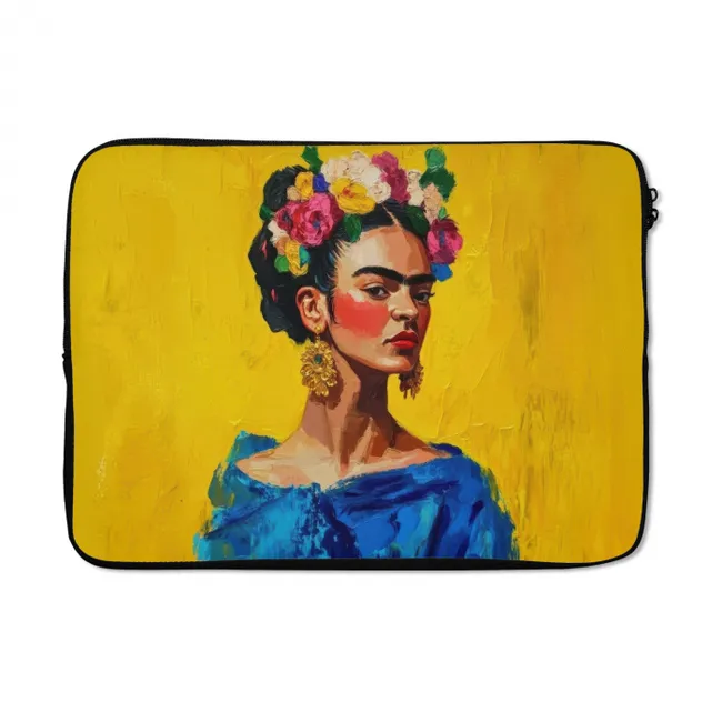 Laptophoes Frida Kahlo - Vrouw - Geel - Blauw - Bloemen
