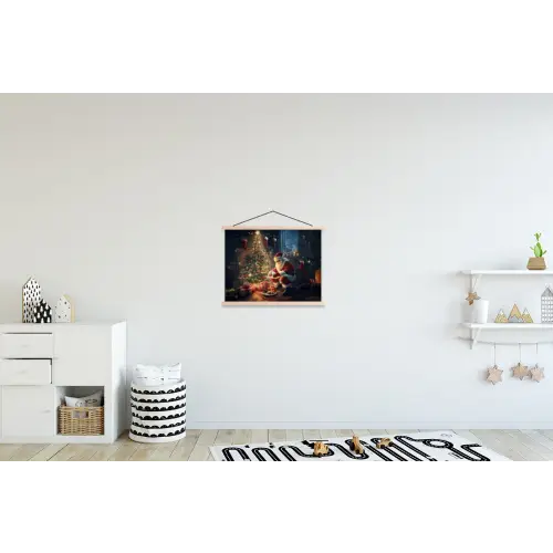 Kerstman - Haard - Donker textielposter latten blank klein -kinderkamer