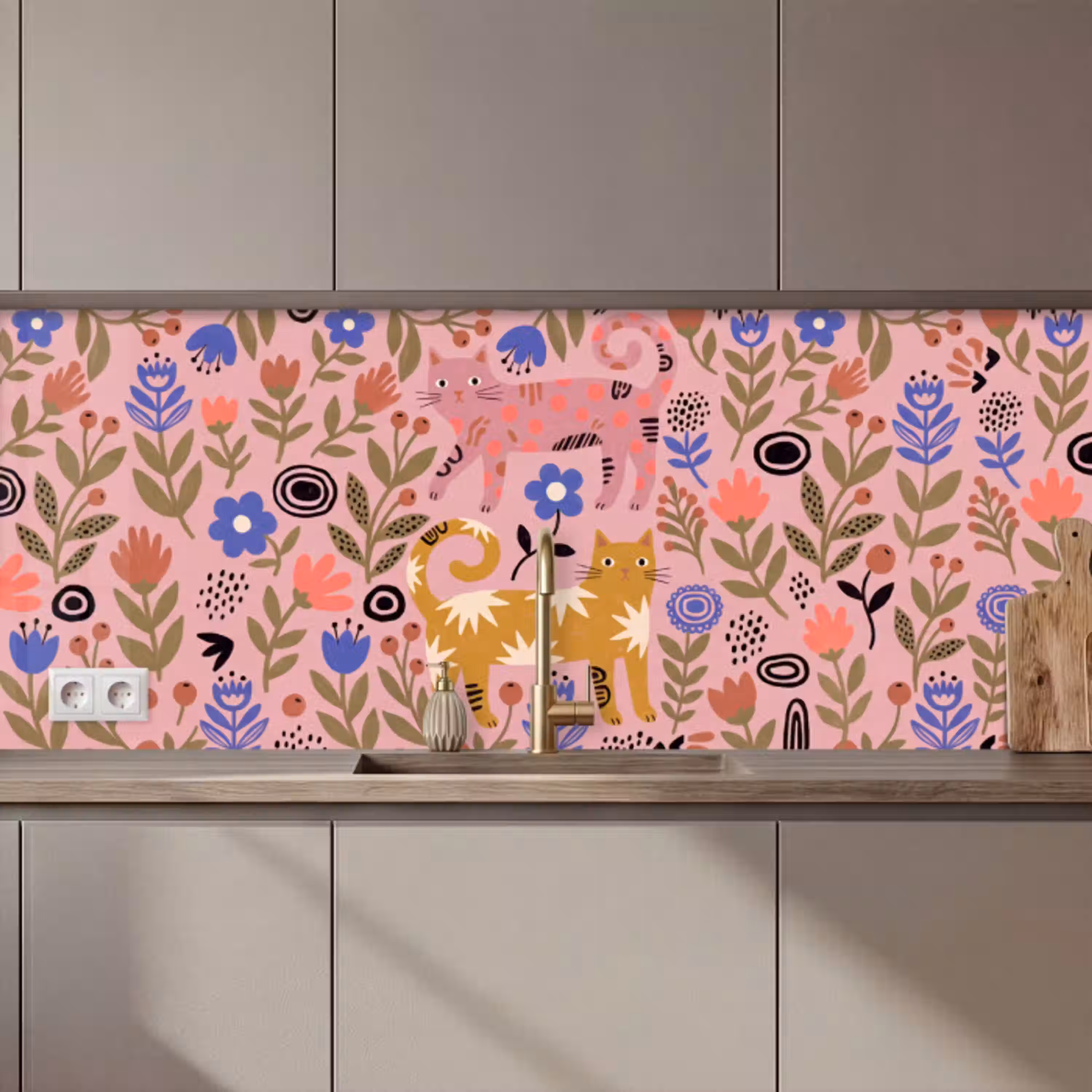 Kat - Bloemen - Dieren - Modern - Roze keuken achterwand 2 middel zz_3dshopping