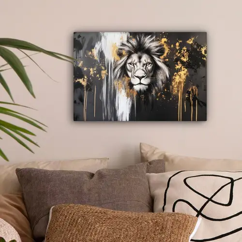 Leeuw - Portret - Verfspatten - Grijs canvas 2cm klein -sfeer1