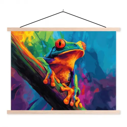 Kikker - Felgekleurd - Tak - Regenboog textielposter latten blank klein -3d
