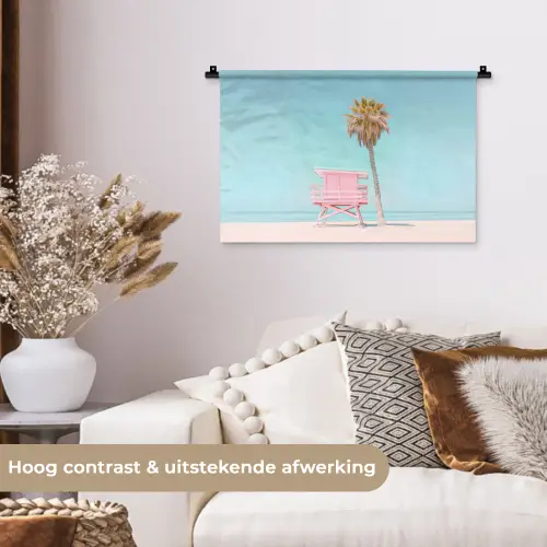 Palmboom - Strandhuis - Roze Wandkleed katoen klein -sfeer1