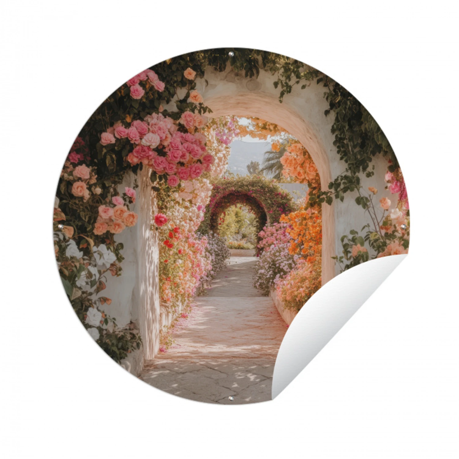 Doorkijk - Boog - Bloemen - Pastel Wandcirkel tuinposter met ringen klein -3d