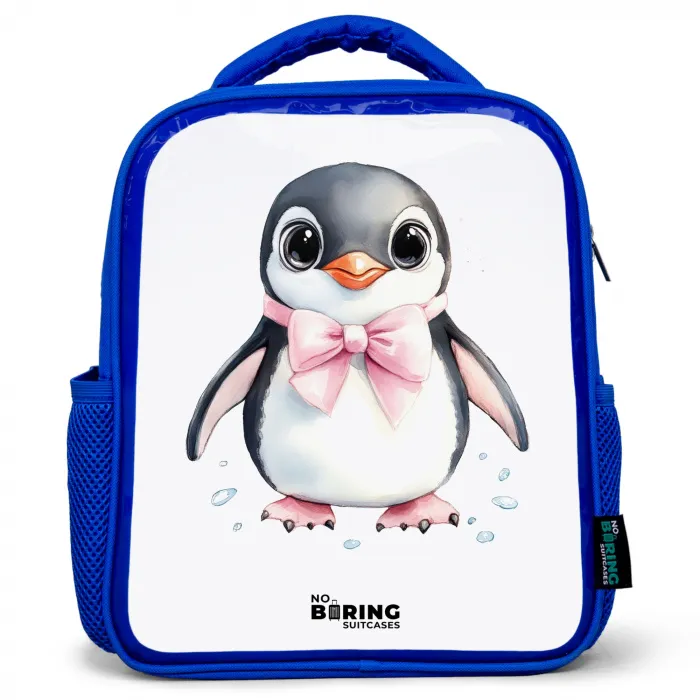Pinguïn met roze strik en ijsdruppels Kinderrugzak - Blauw middel -3d