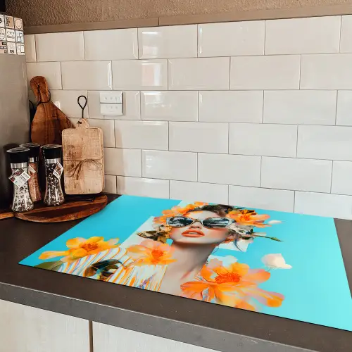 Bloemen - Vrouw - Zonnebril - Blauw Inductie beschermer vinyl 3mm klein -sfeer3