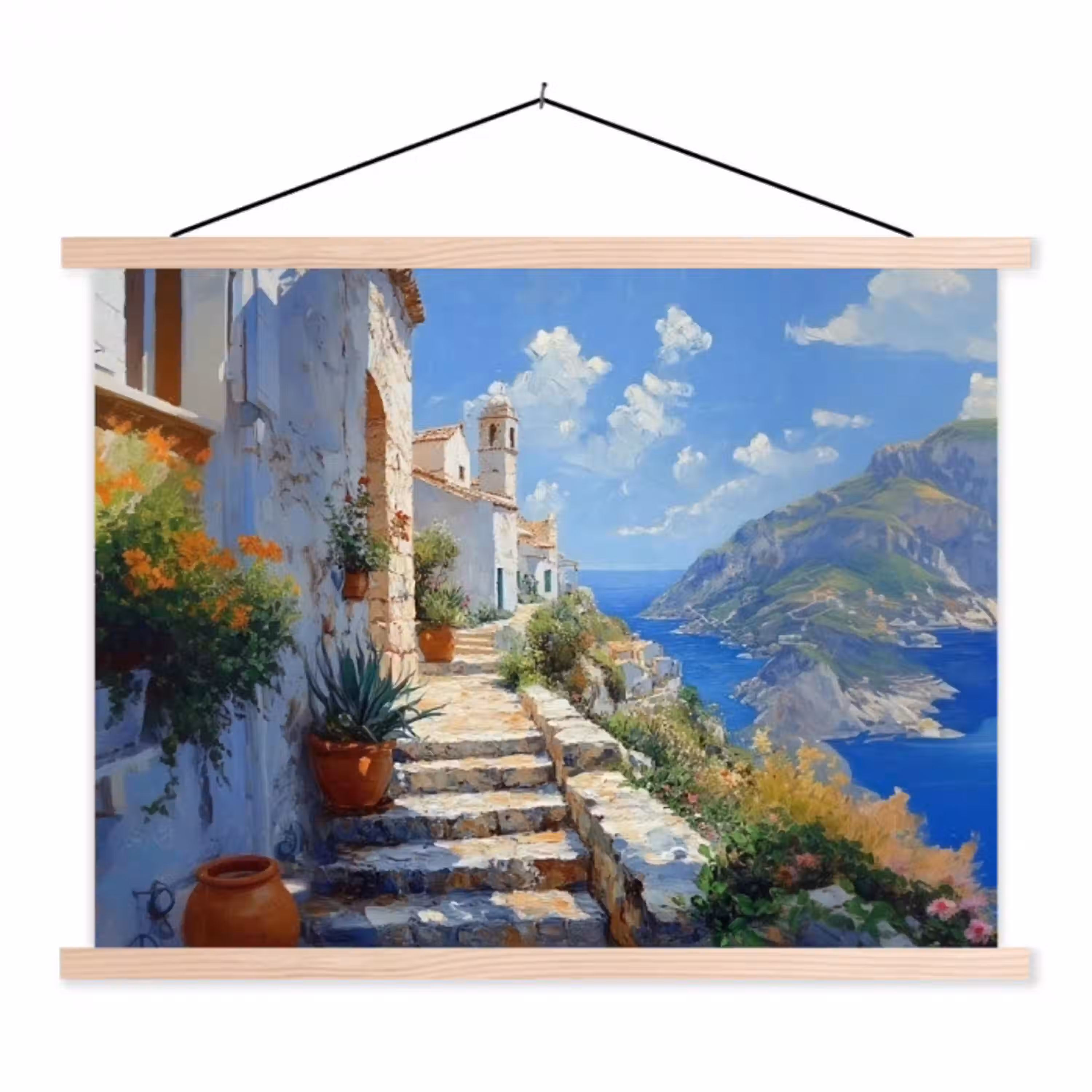 Trap - Huizen - Berglandschap - Zee textielposter latten blank klein -3d
