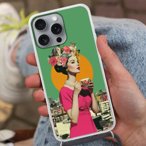 Retro - Vrouw - Stad - Zon Hoesje iPhone 16 Pro Max met koord klein -sfeer3