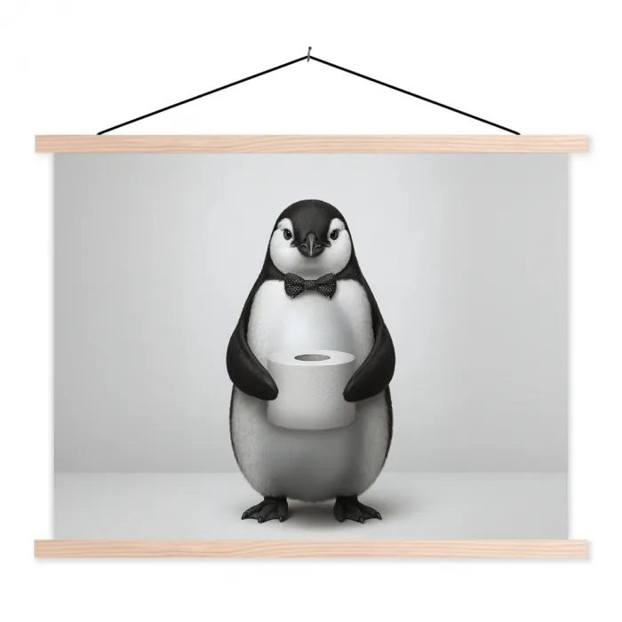 Pinguïn - WC rol - Wit textielposter latten blank klein -3d
