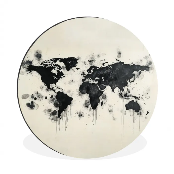 Wereldkaart - Zwart - Inkt Wandcirkel aluminium klein -3d