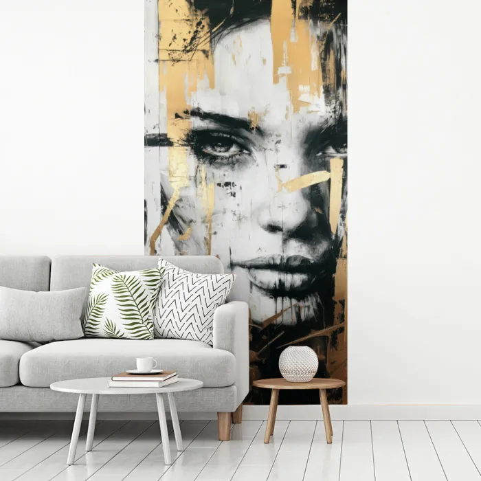 Portret - Vrouw - Penseelstreken - Goud fotobehang vinyl groot -woonkamer