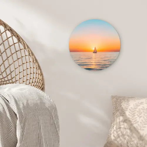 Zee - Zeilboot - Zonsondergang Wandcirkel kunststof plaat 5mm dik klein -sfeer5