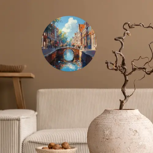 Stad - Gracht - Zon - Fietsen Wandcirkel behangsticker klein -sfeer1
