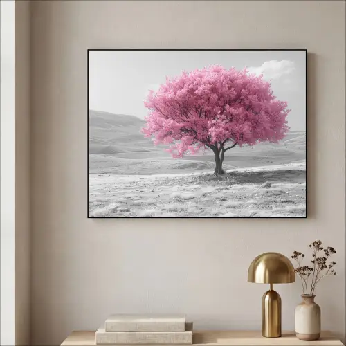 Boom - Natuur - Roze - Zwart wit Textielframe zwart klein -sfeer2