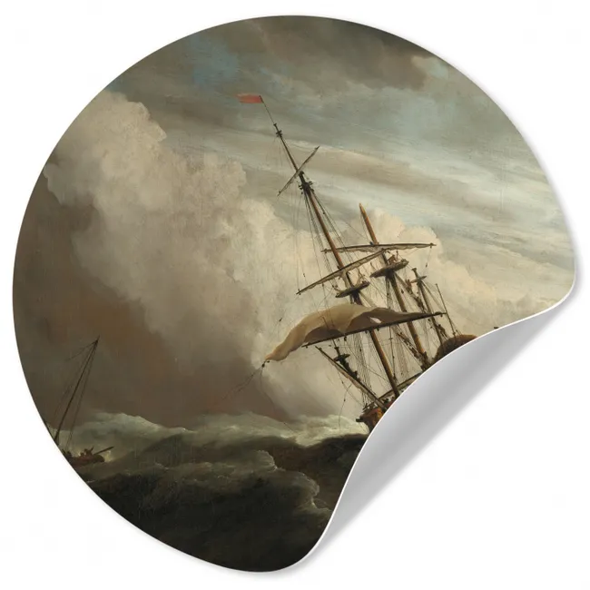 Een schip in volle zee bij vliegende storm - Schilderij van Willem van de Velde Wandcirkel behangsticker klein -3d