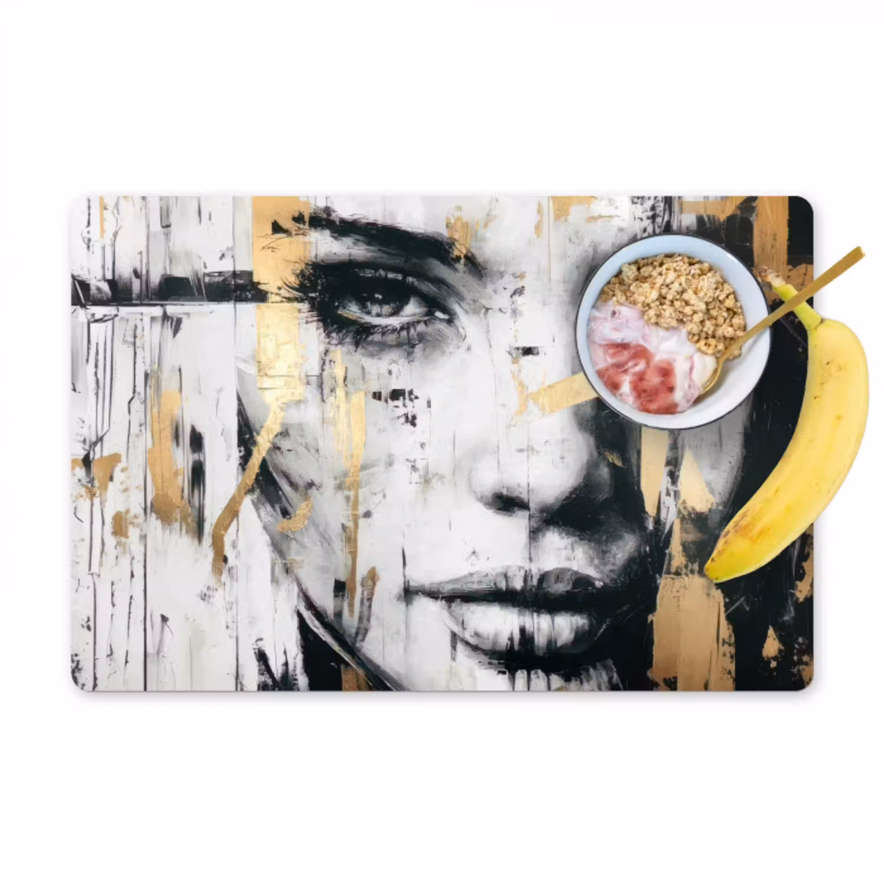 Portret - Vrouw - Penseelstreken - Goud Placemat vinyl groot -zzzproduct_Kitchenyeah-website