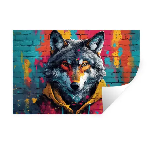 Graffiti - Wolf - Street art - Blauw Muursticker klein -3d