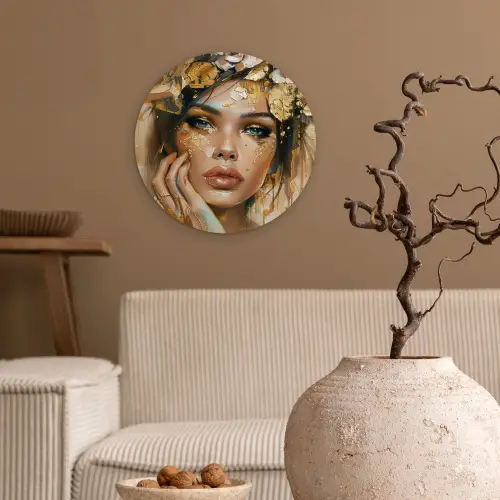 Vrouw - Bloemen  - Goud - Portret Wandcirkel kunststof plaat 5mm dik klein -sfeer1