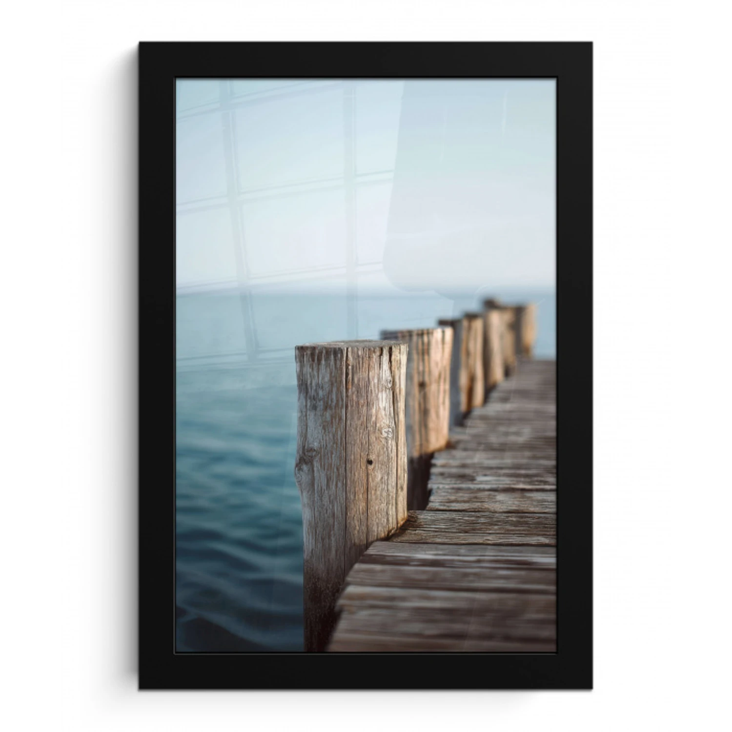 Houten steiger - Helderblauwe lucht fotolijst zwart zonder passe partout klein -3d