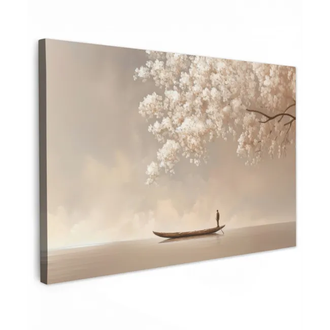 Buiten canvas - Bloesems - Wit - Boot - Minimalistisch