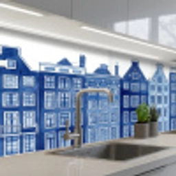 Aquarel - Grachtenpanden - Delfts - Blauw keuken achterwand 2 middel -3d_schuin