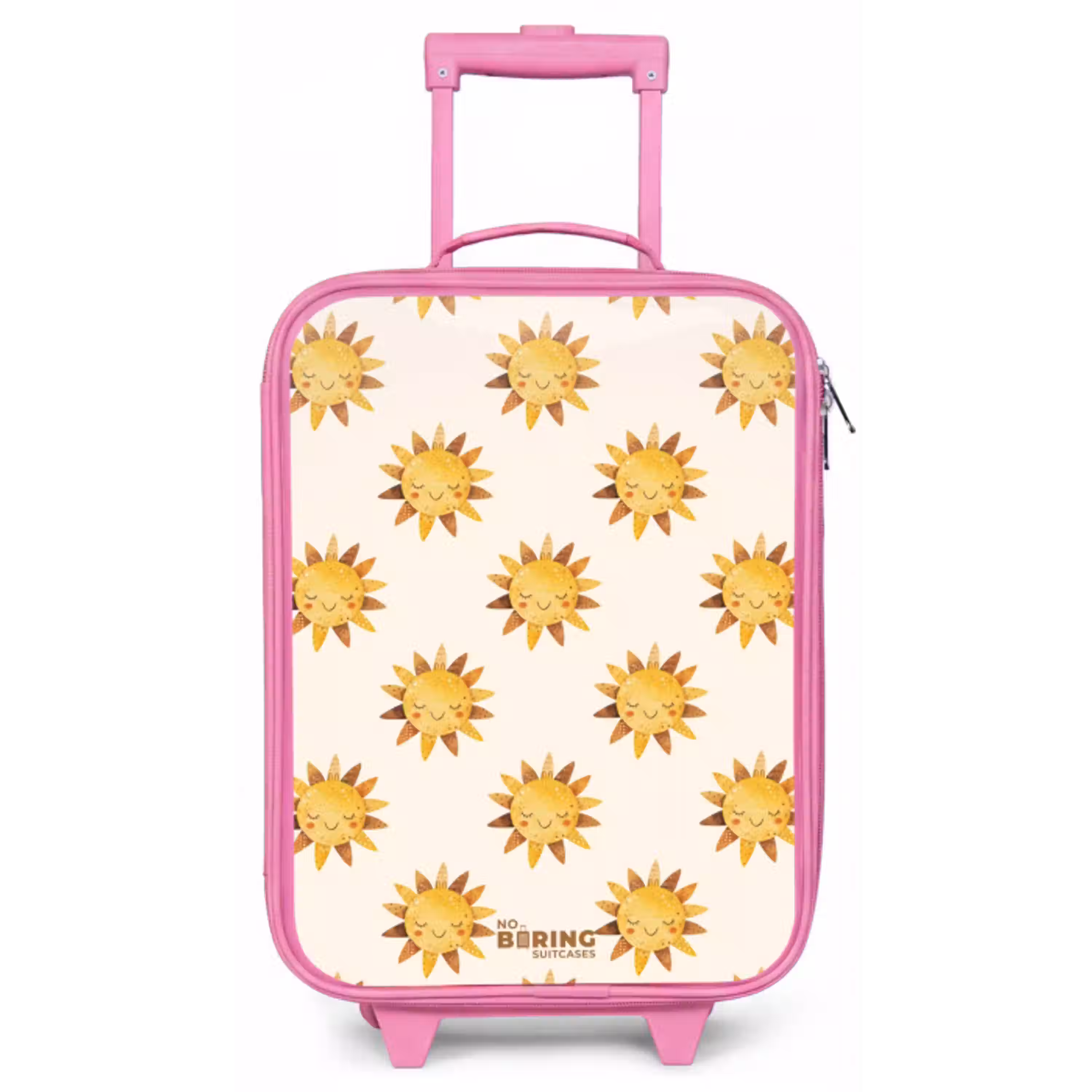 Lachende zonnetjes als patroon op beige achtergrond Kinderkoffer - Roze klein -zz3dotto