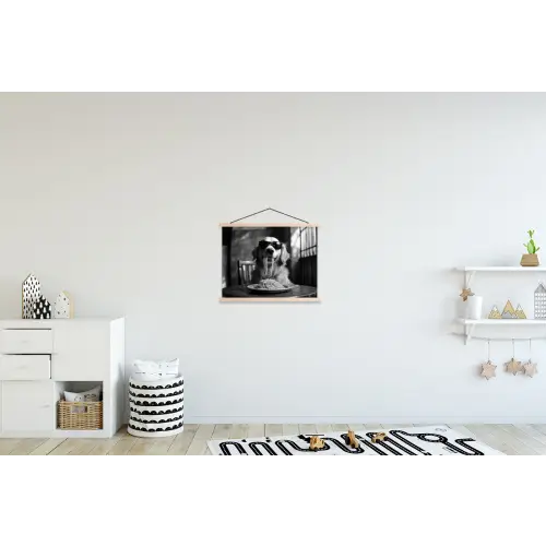 Golden Retriever - Hond - Vrolijk -  Bord spaghetti - Zwart - wit textielposter latten blank klein -kinderkamer