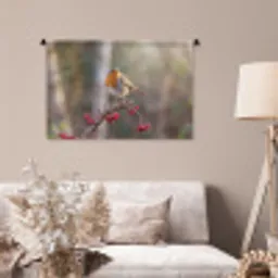 Roodborst - Tak - Bessen - Natuur Wandkleed katoen middel -sfeer4