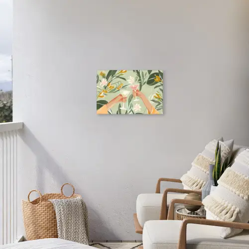 Glazen - Proosten - Bladeren - Groen Tuinposter op houten frame 2 cm dik klein -sfeer1