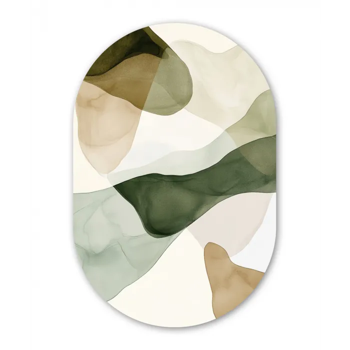 Japandi - Abstract - Groen Wandcirkel Ovaal Glas middel -3d
