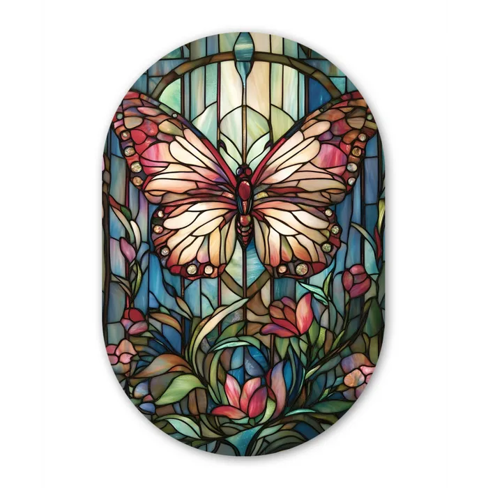Vlinder - Roze - Bloemen - Bladeren Wandcirkel Ovaal Glas middel -3d