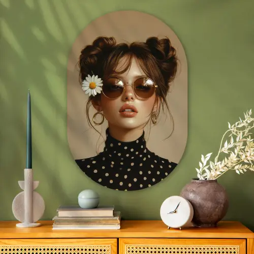 Vrouw - Beige - Bloem - Modern - Portret Wandcirkel Ovaal Glas middel -sfeer2